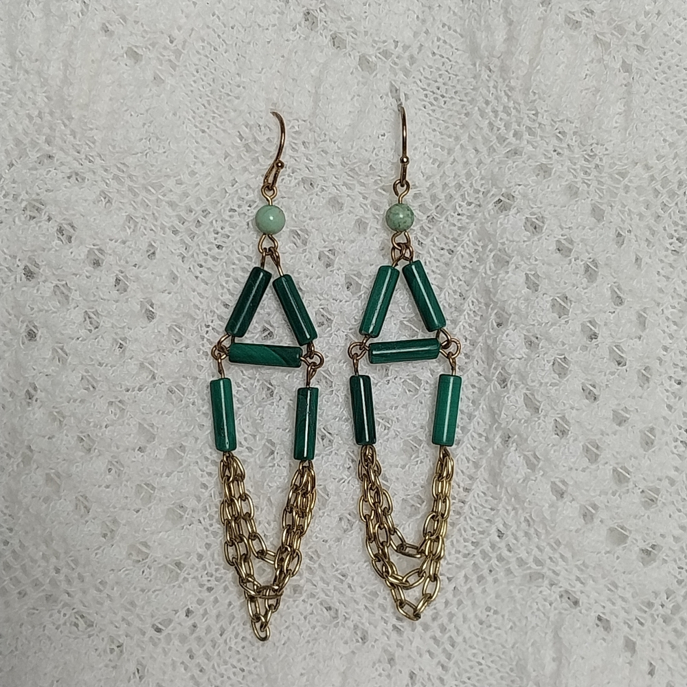 Genuine Malachite Turquoise Bronze Chain Dangle Accent Hook Earrings